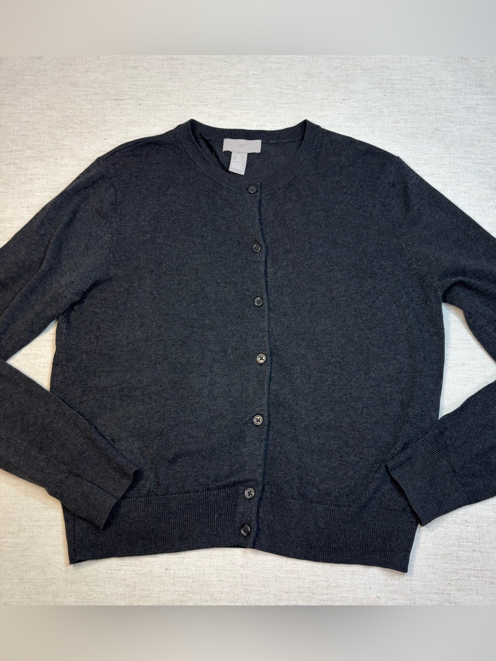 H&M women L Charcoal gray Button-Up Crewneck Cardigan long sleeve light weight